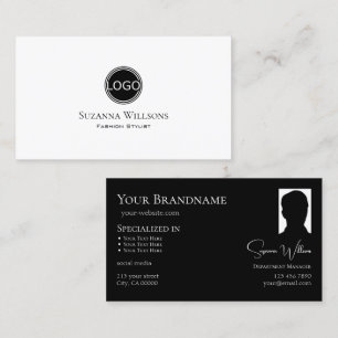 Elegant Plain White Black with Logo and Photo Chic Business Card