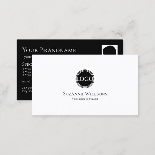 Elegant Plain White Black with Logo and Photo Chic Business Card