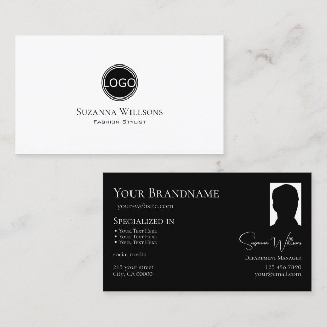 Elegant Plain White Black with Logo and Photo Chic Business Card (Front/Back)