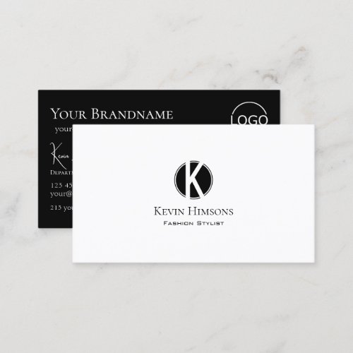 Elegant Plain White Black with Monogram and Logo Business Card