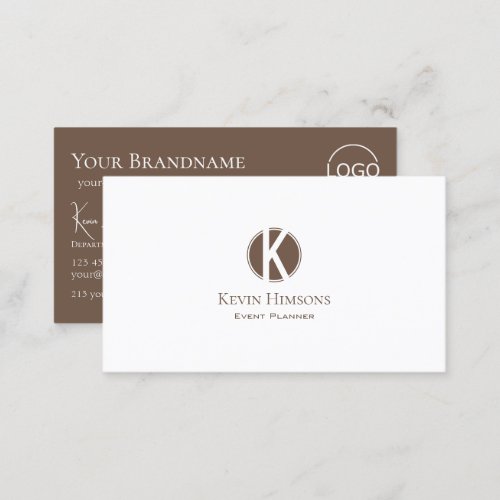 Elegant Plain White Brown with Monogram and Logo Business Card