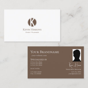 Elegant Plain White Brown with Monogram and Photo Business Card