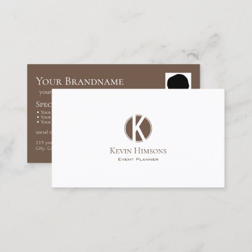 Elegant Plain White Brown with Monogram and Photo Business Card