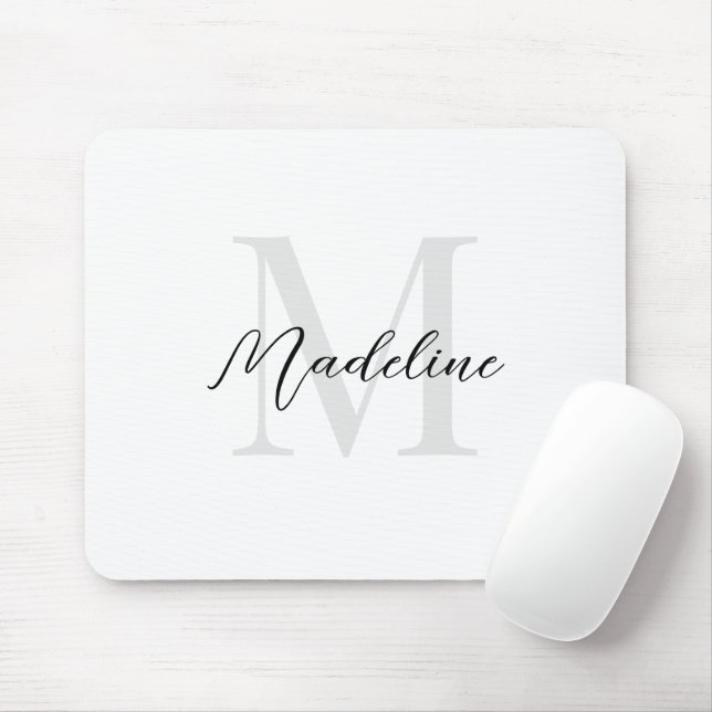 Elegant Plain White Script Calligraphy Monogram Mouse Pad (With Mouse)