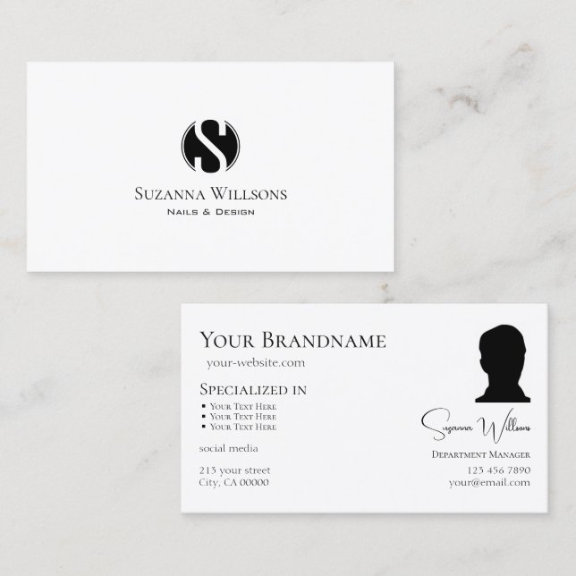 Elegant Plain White with Monogram and Photo Business Card (Front/Back)