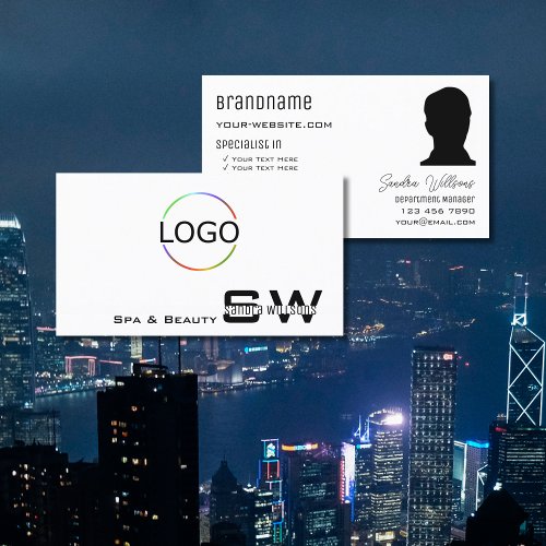 Elegant Plain White with Monogram Logo and Photo Business Card