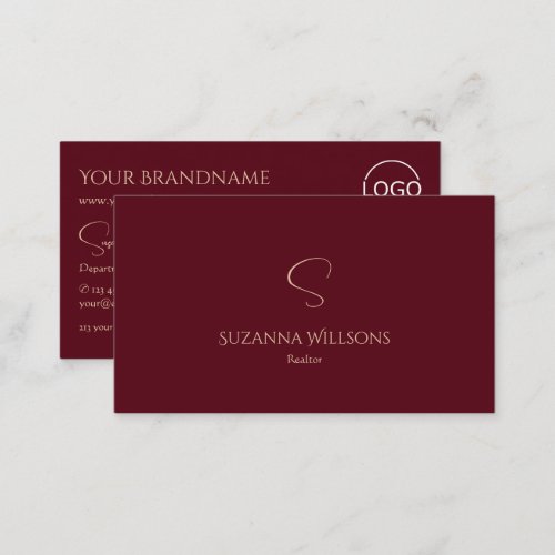 Elegant Plain Wine Red with Monogram and Logo Chic Business Card