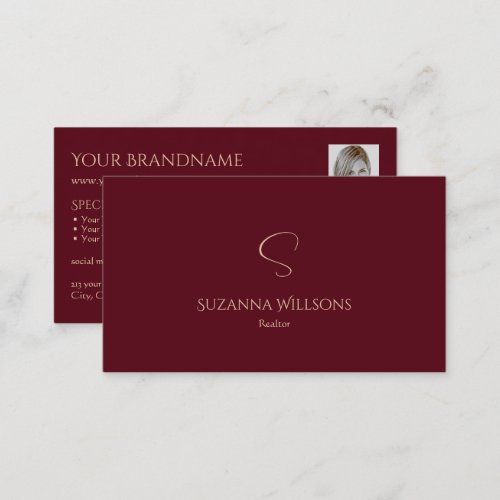 Elegant Plain Wine Red with Monogram and Photo Business Card