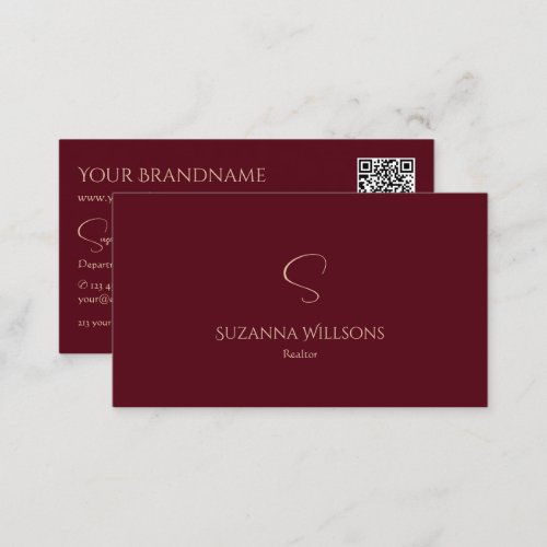 Elegant Plain Wine Red with Monogram and QR_Code Business Card