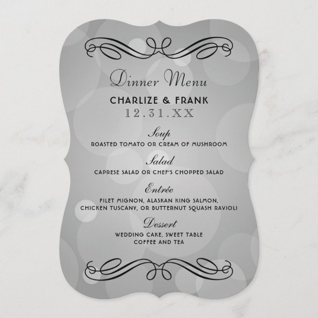 Elegant Platinum Gray and Black Wedding Dinner Menu (Front)