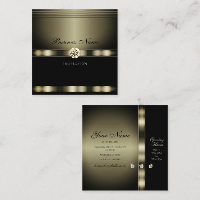 Elegant Platinum Silver and Black with Diamonds Square Business Card (Front/Back)