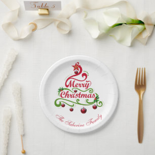 Elegant & Playful Swirly Christmas Tree Typography Paper Plates