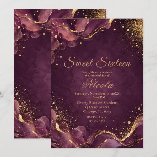 Elegant Plum and Gold Alcohol Ink Sweet Sixteen Invitation