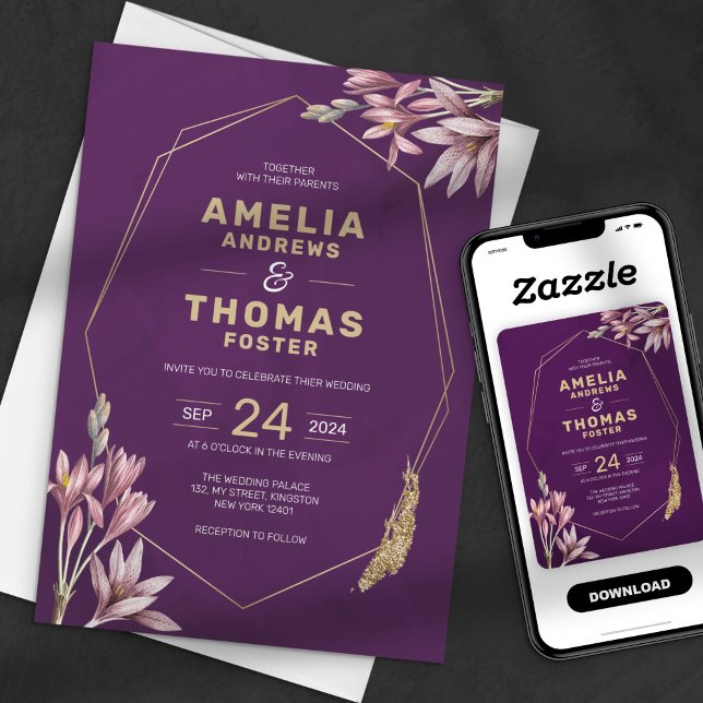 Elegant Plum and Gold Geometric Floral Wedding Invitation (Creator Uploaded)