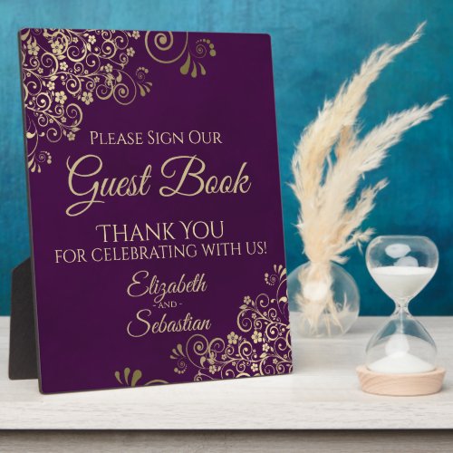 Elegant Plum and Gold Sign Our Guest Book Wedding Plaque