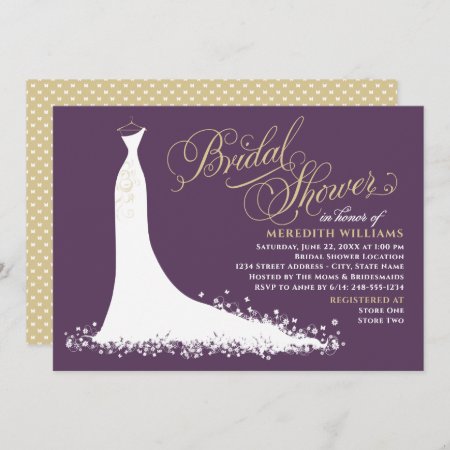 Elegant Plum And Gold Wedding Gown Bridal Shower Invitation