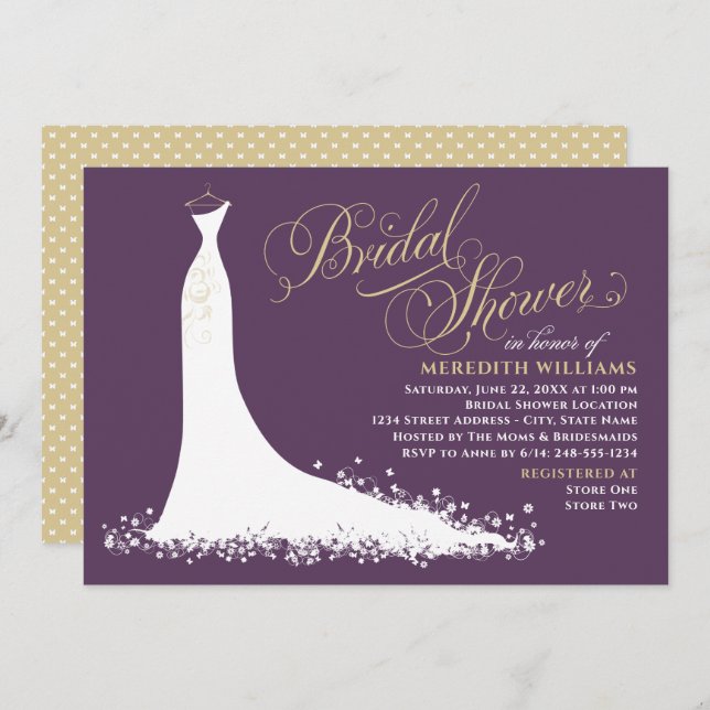 Elegant Plum and Gold Wedding Gown Bridal Shower Invitation (Front/Back)
