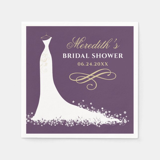 Elegant Plum and Gold Wedding Gown Bridal Shower Paper Napkins (Front)