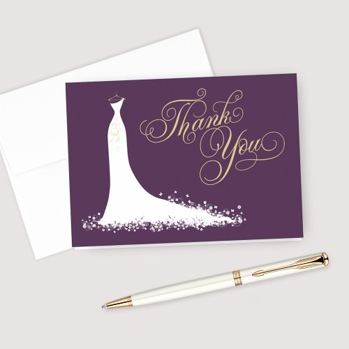 Elegant Plum and Gold Wedding Gown Bridal Shower Thank You Card