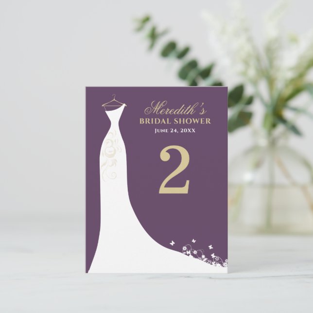 Elegant Plum and Gold Wedding Gown Table Number (Standing Front)