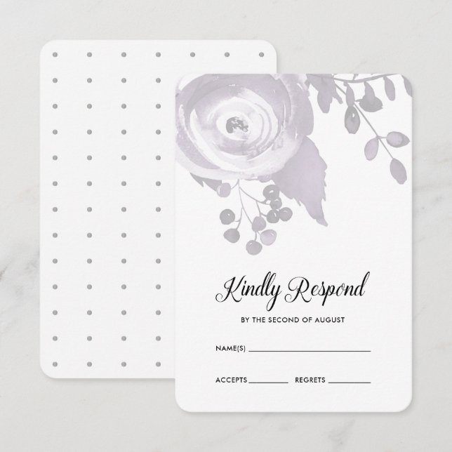Elegant Plum and Gray Floral Dots Wedding RSVP Card (Front/Back)