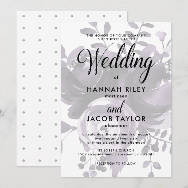 Elegant Plum and Gray with Floral and Dots Wedding Invitation (Front/Back)