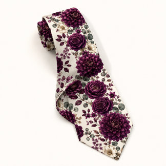 Elegant Plum Dahlia & Rose Floral Neck Tie