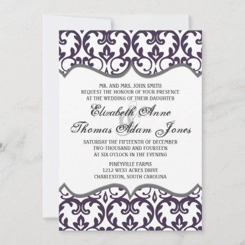 Elegant Plum Damask Heart Wedding Invitation 5" X 7" Invitation Card