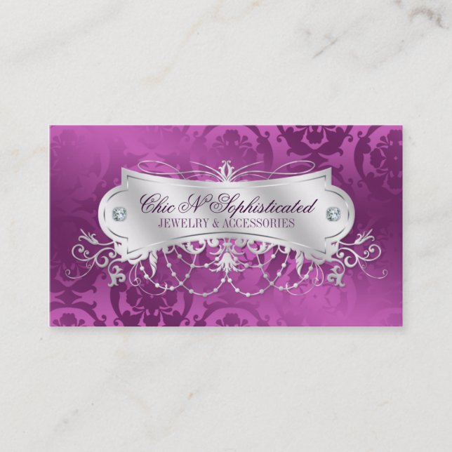 Elegant Plum Damask Swirl Business Card (Front)