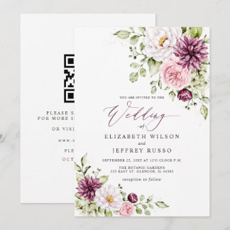 Elegant Plum Floral Fall Winter QR Code Wedding Invitation