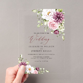 Elegant Plum Floral Fall Winter Wedding Acrylic Invitations