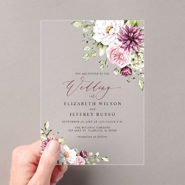 Elegant Plum Floral Fall Winter Wedding Acrylic Invitations (Insitu (Handheld))