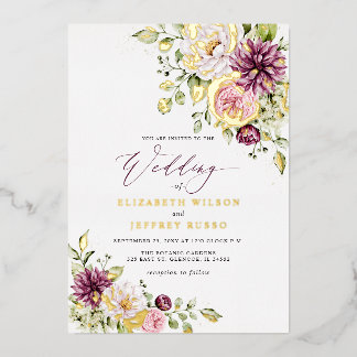 Elegant Plum Floral Fall Winter Wedding Foil Invitation