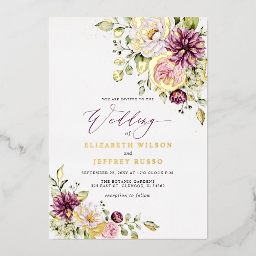 Elegant Plum Floral Fall Winter Wedding Foil Invitation