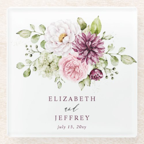 Elegant Plum Floral Fall Winter Wedding Glass Coaster