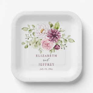 Elegant Plum Floral Fall Winter Wedding Paper Plates