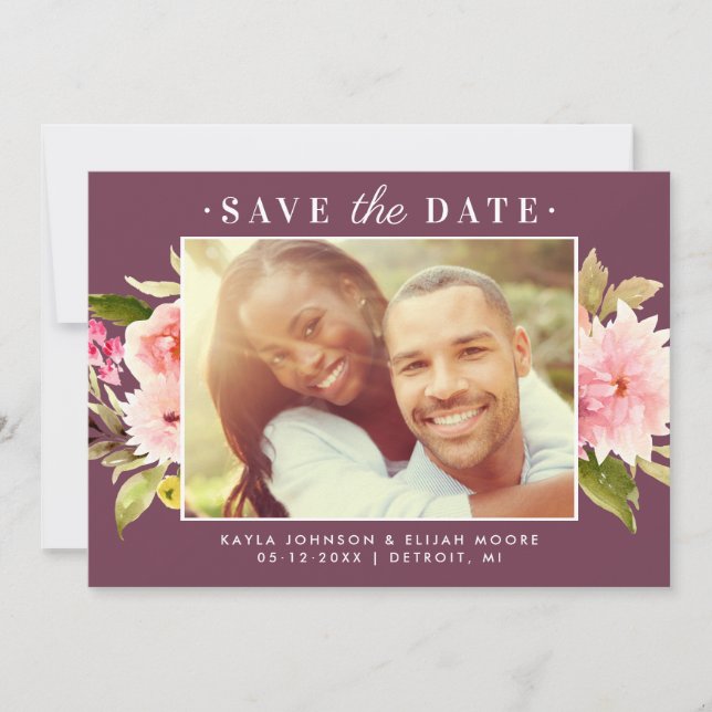 Elegant Plum Floral Photo Wedding Save The Date (Front)