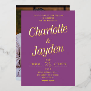 Elegant Plum Foil Script Photo Wedding Invitation