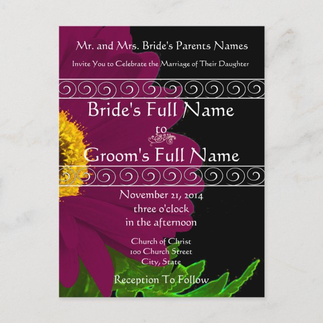 Elegant Plum Gerber Daisy Wedding Invitation (Front)
