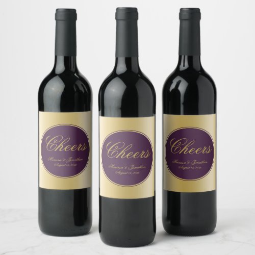 Elegant Plum Gold Calligraphy Cheers Wedding Wine Label