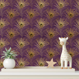 Elegant Plum Gold Glitter Peacock Feathers Chic Wallpaper