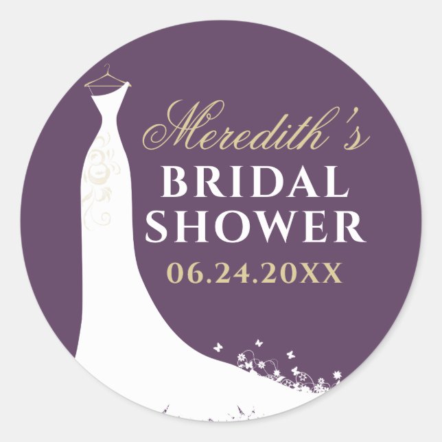 Elegant Plum Gold Gown Bridal Shower Classic Round Sticker (Front)