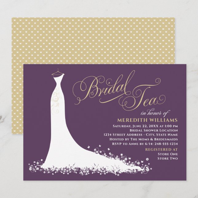 Elegant Plum Gold Gown Wedding Bridal Tea Invitation (Front/Back)