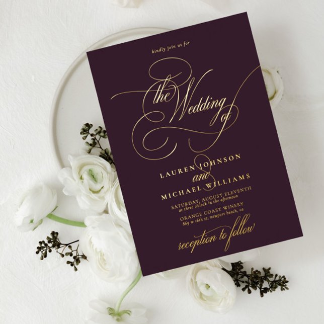 Elegant Plum Gold Modern Calligraphy Wedding Foil Invitation (Creator Uploaded)