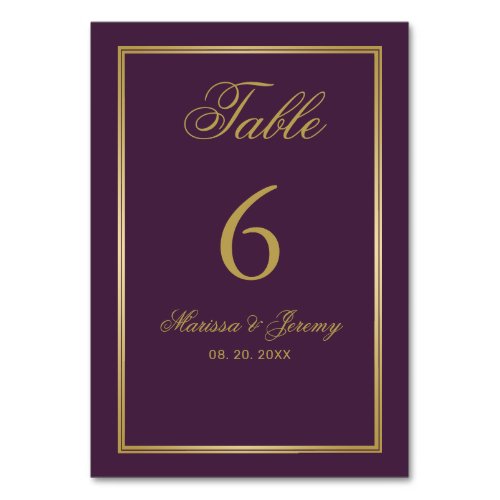 Elegant Plum Gold Script Calligraphy Wedding Table Number