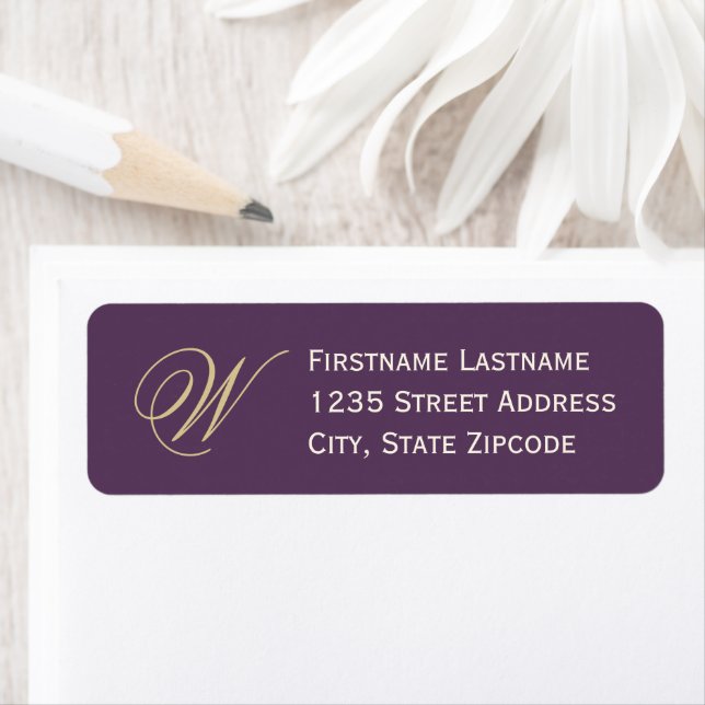 Elegant Plum Gold Script Monogram Address Label (Insitu)