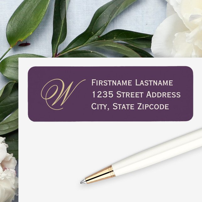 Elegant Plum Gold Script Monogram Address Label (Creator Uploaded)