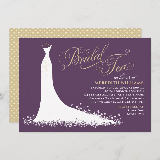 Elegant Plum Gold Wedding Gown Bridal Tea Shower Invitation (Front/Back)