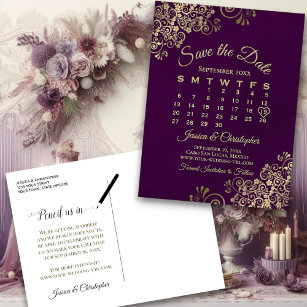 Elegant Plum & Gold Wedding Save the Date Calendar Announcement Postcard
