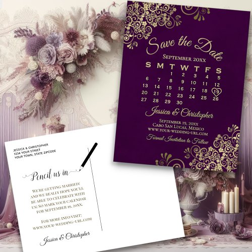 Elegant Plum  Gold Wedding Save the Date Calendar Announcement Postcard